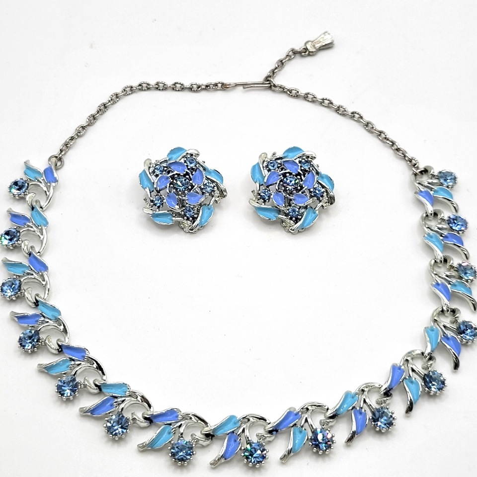 Vtg Park Lane Demi-Parure Blue Silver Tone Necklace Earrings Signed 45$